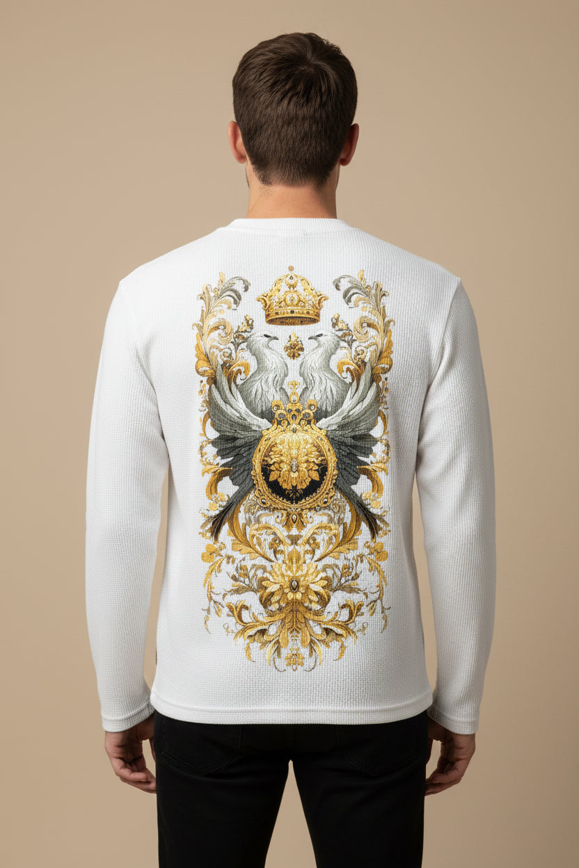 ZotRage off-white waffle knit long-sleeve shirt featuring a detailed gold and silver eagle crest back print.