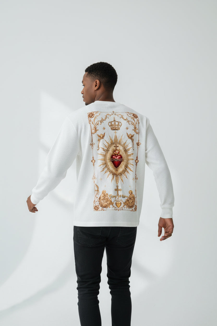 ZotRage off-white waffle knit long-sleeve shirt featuring a detailed sacred heart graphic print on the back.