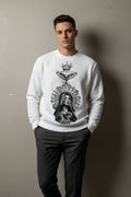 ZotRage off-white waffle knit long-sleeve shirt featuring a detailed black graphic of a nun, eagle, and crown.