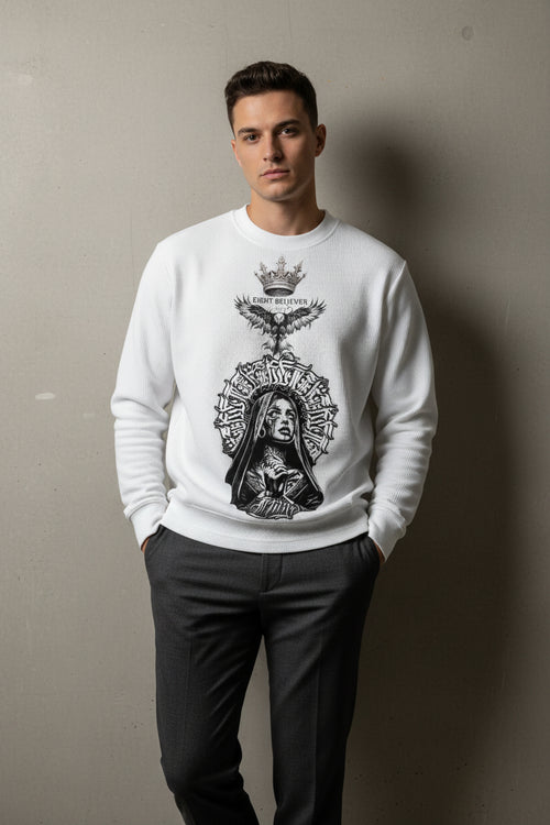 ZotRage off-white waffle knit long-sleeve shirt featuring a detailed black graphic of a nun, eagle, and crown.