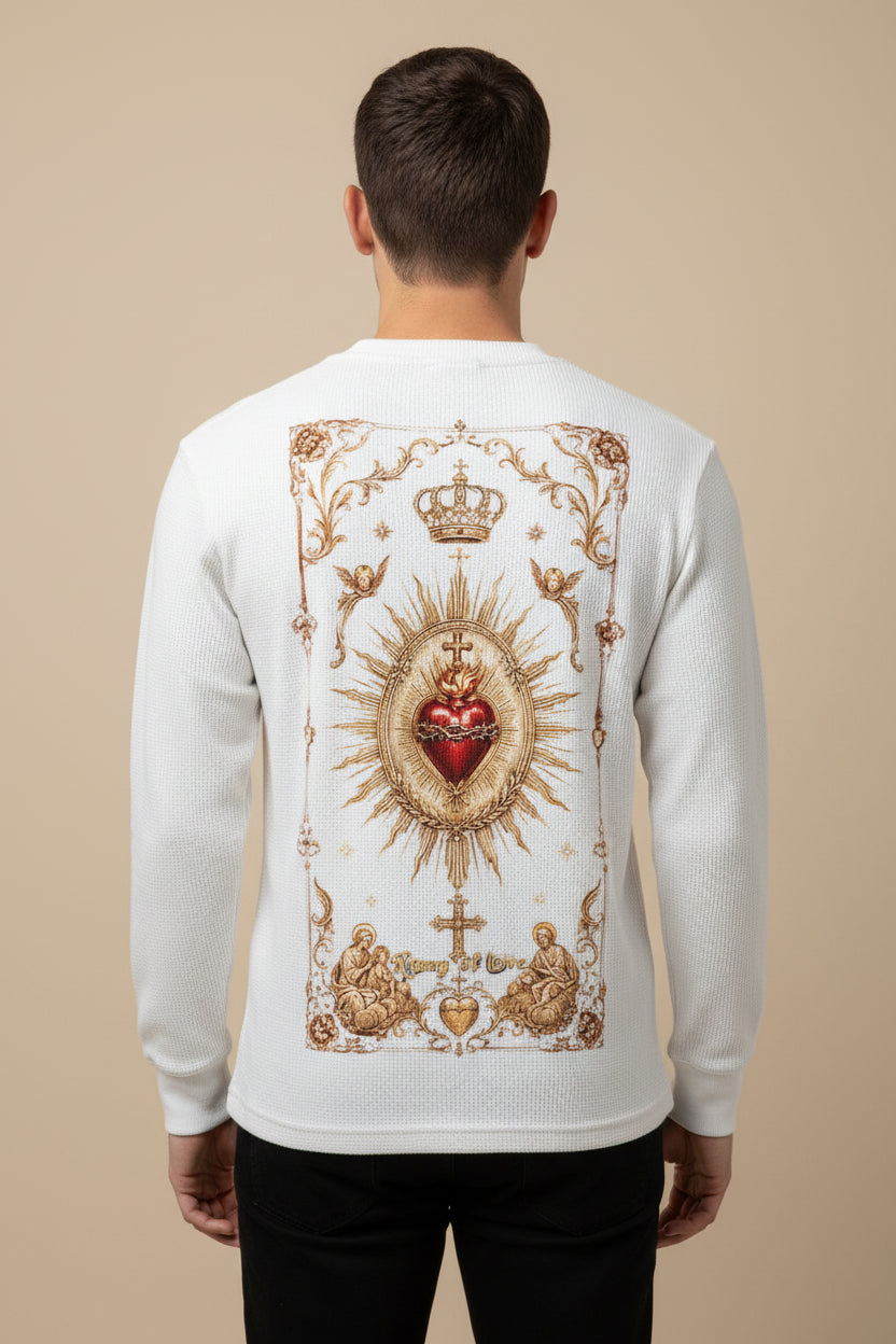 ZotRage off-white waffle knit long-sleeve shirt featuring a detailed religious heart graphic on the back