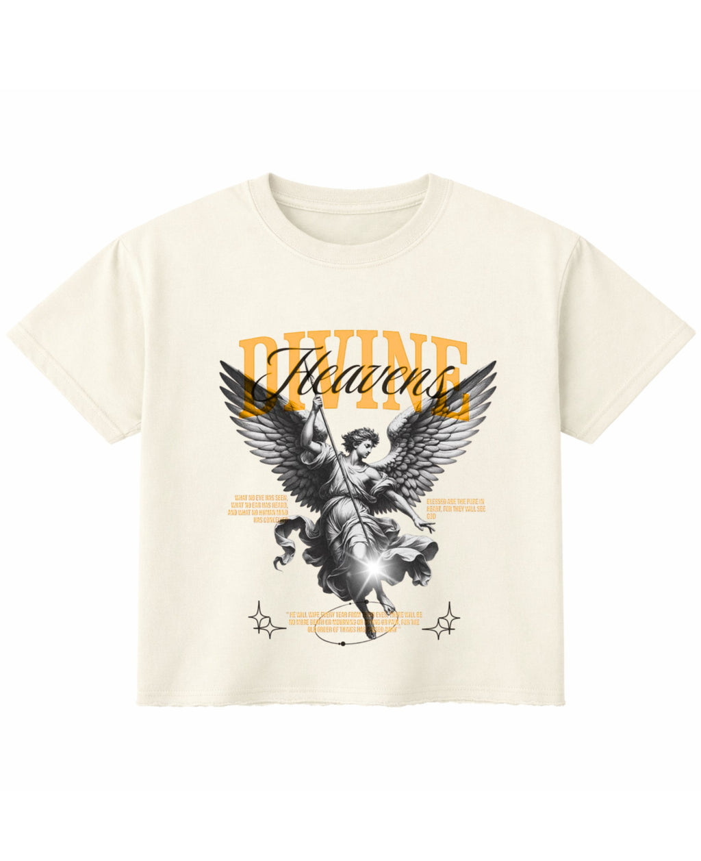 ZotRage off-white boxy fit waffle knit t-shirt featuring a detailed angel graphic and Divine Heavens text print.
