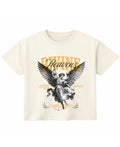 ZotRage off-white boxy fit waffle knit t-shirt featuring a detailed angel graphic and Divine Heavens text print.