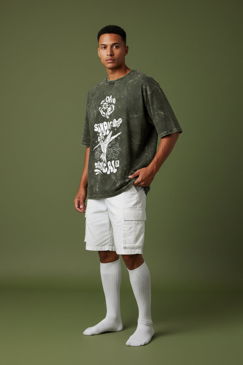 ZotRage olive green acid washed oversized cotton t-shirt with white graphic print featuring a hummingbird design