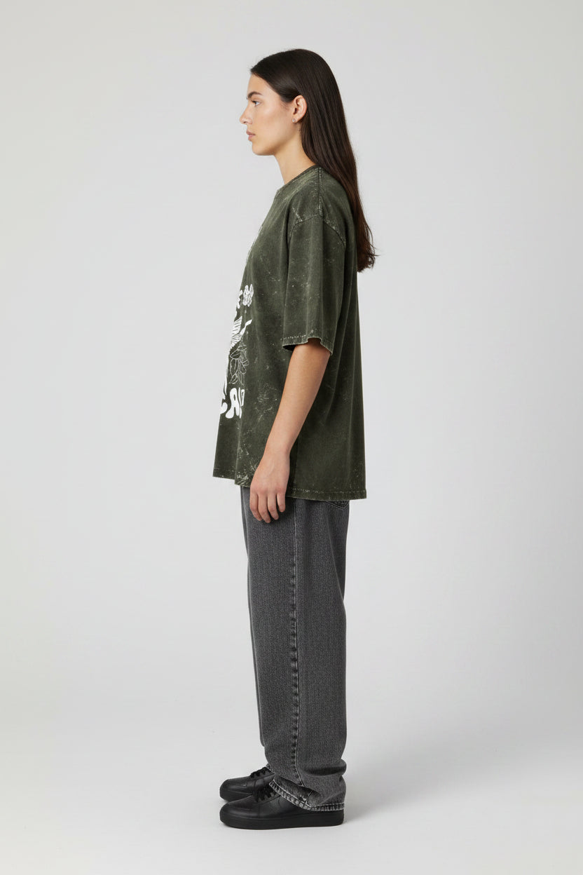 ZotRage olive green acid washed oversized cotton t-shirt with white graphic print featuring a hummingbird design