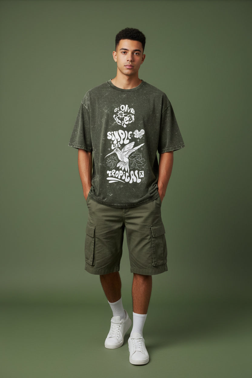 ZotRage olive green acid washed oversized cotton t-shirt with white graphic print featuring a hummingbird design