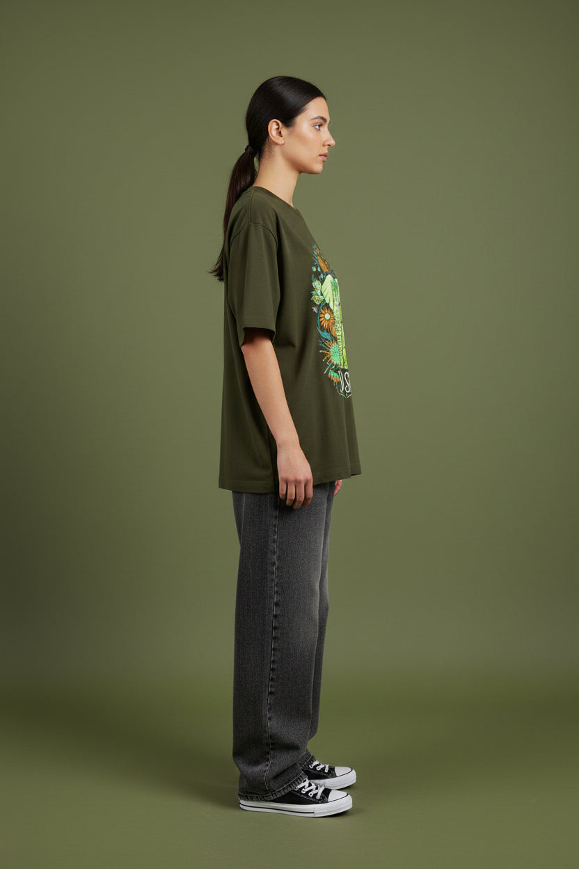 ZotRage olive green heavyweight cotton oversized t-shirt featuring a vibrant elephant and floral graphic print.