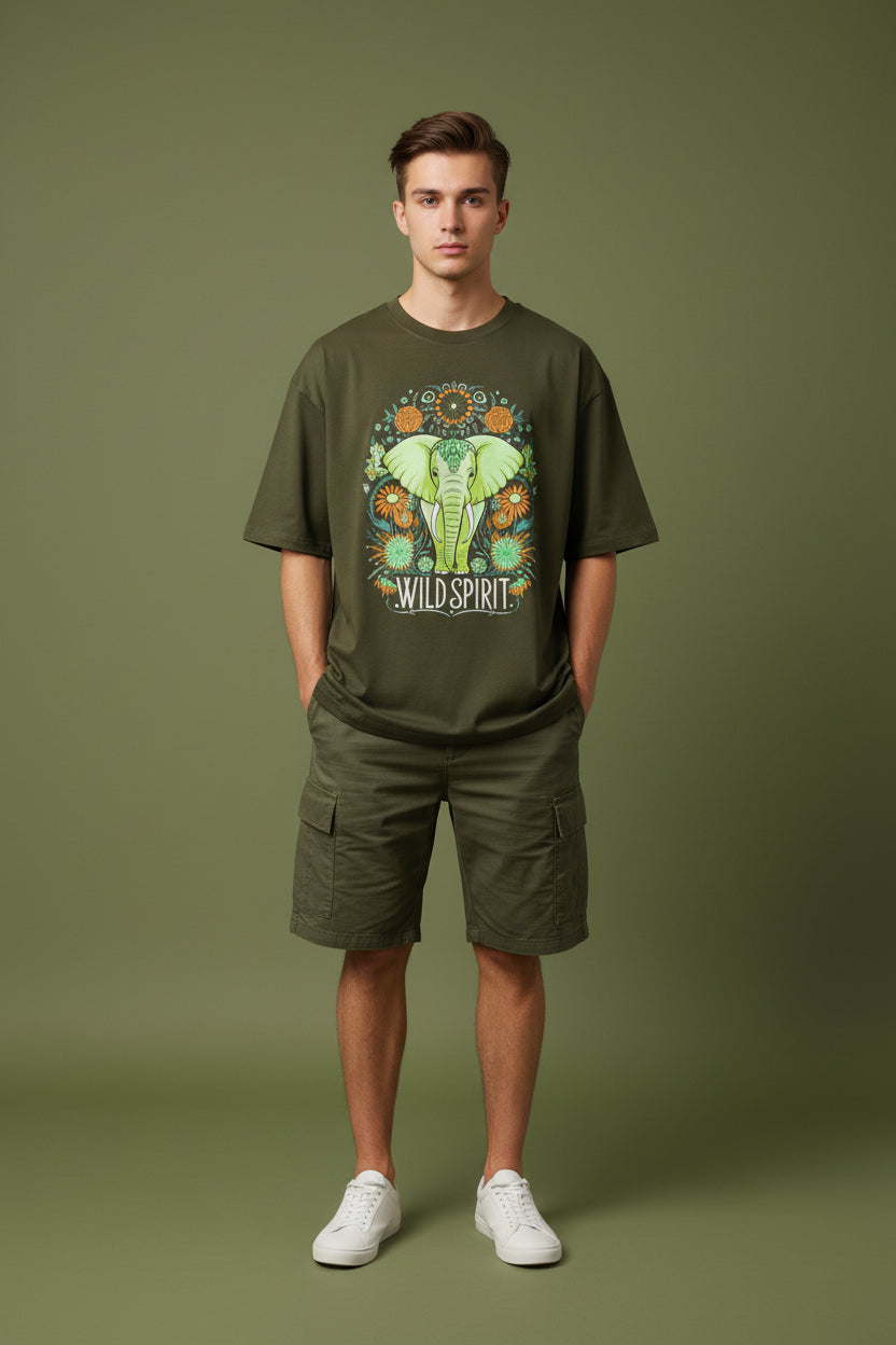 ZotRage olive green oversized cotton t-shirt featuring a vibrant elephant and floral graphic print