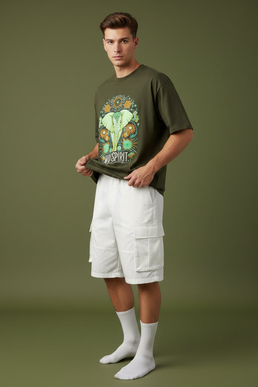 ZotRage olive green heavyweight cotton oversized t-shirt featuring a vibrant elephant and floral graphic print.