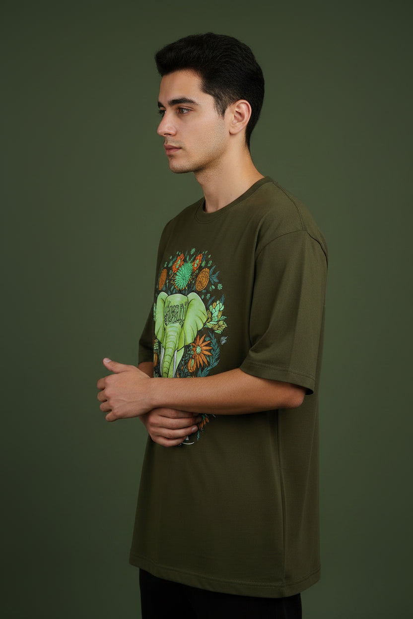 ZotRage olive green oversized cotton t-shirt with a vibrant elephant and floral graphic print on the front.