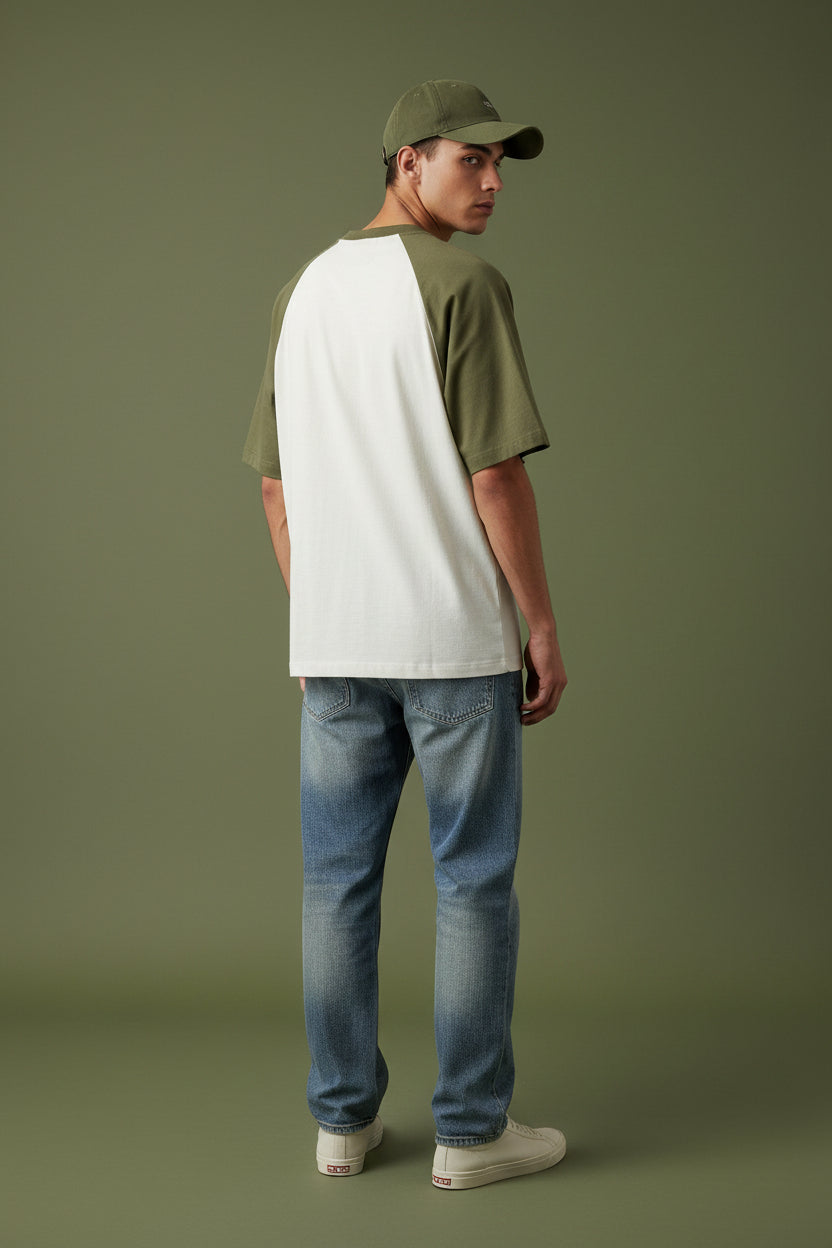 ZotRage olive green and off-white oversized raglan t-shirt made from 100% cotton with a ribbed neck, back view.