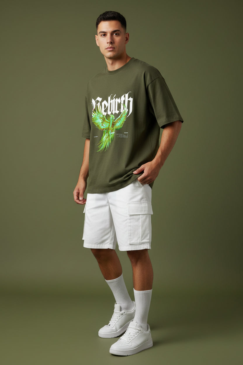 ZotRage olive green oversized cotton t-shirt featuring a vibrant phoenix graphic and gothic Rebirth text