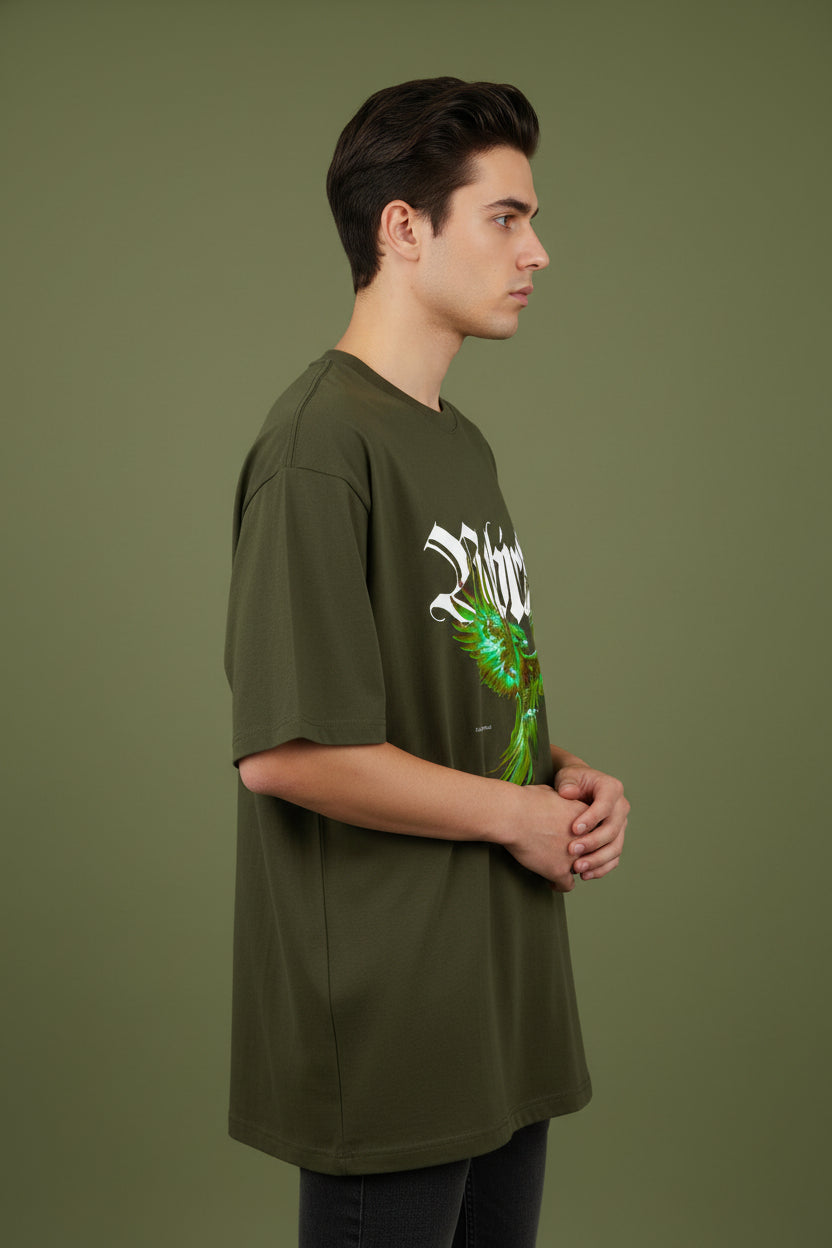 ZotRage olive green heavyweight cotton oversized t-shirt featuring a vibrant phoenix graphic and Rebirth text