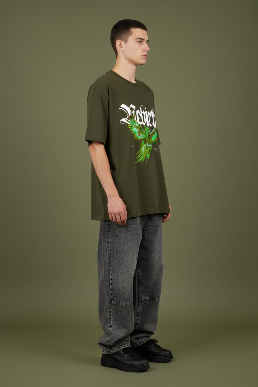 ZotRage olive green oversized cotton t-shirt featuring a vibrant phoenix graphic and gothic Rebirth text print