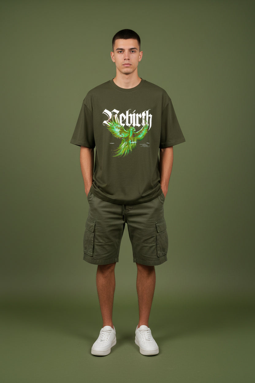 ZotRage olive green heavyweight cotton oversized t-shirt featuring a vibrant phoenix graphic and Rebirth text
