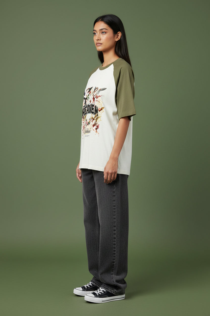 ZotRage oversized raglan t-shirt in olive green and off-white cotton with a graphic angel print and Heaven text