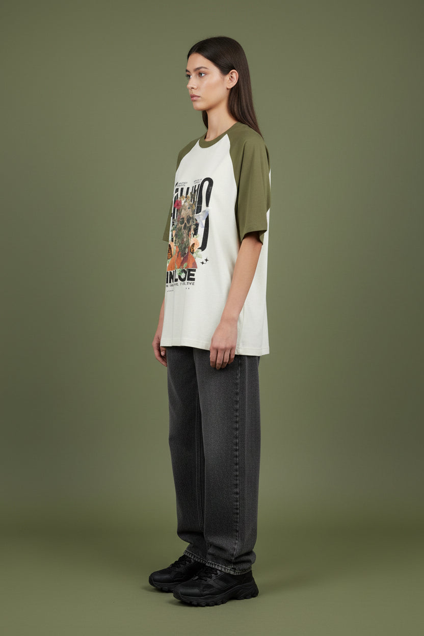 ZotRage olive green and off-white oversized raglan t-shirt with a graphic skull and floral print on 100% cotton