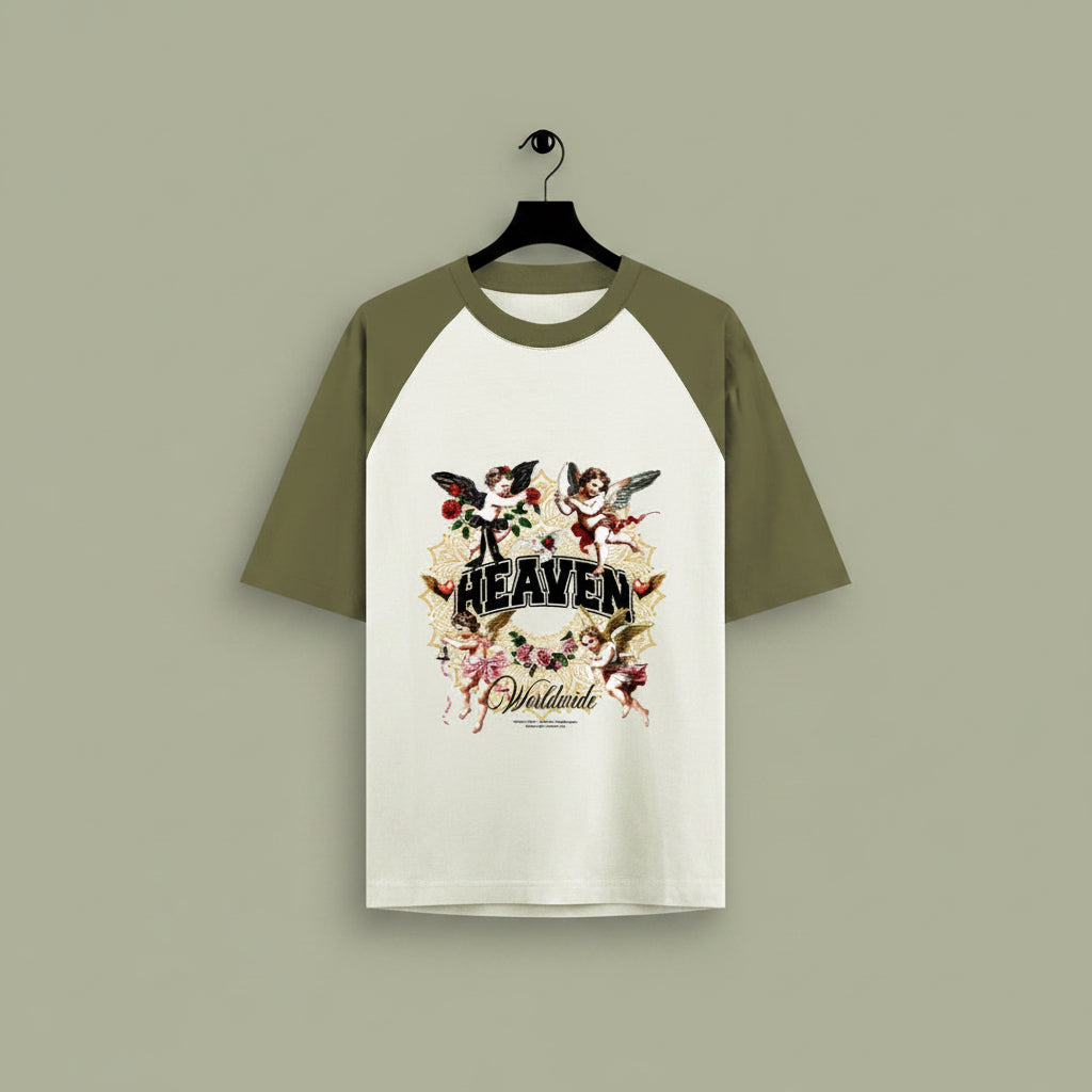 ZotRage olive green and off-white oversized raglan t-shirt with Heaven graphic print and cherub illustrations