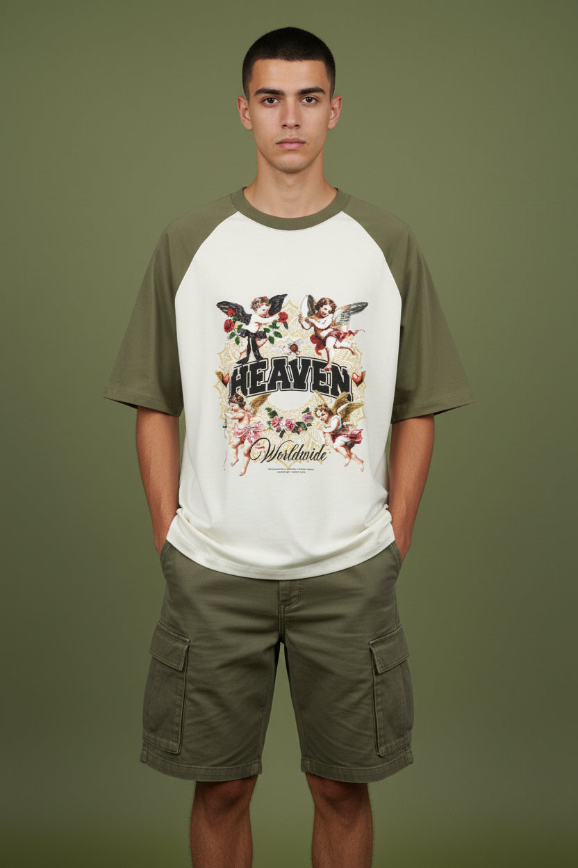 ZotRage olive green and off-white oversized raglan t-shirt with Heaven graphic print and cherub illustrations