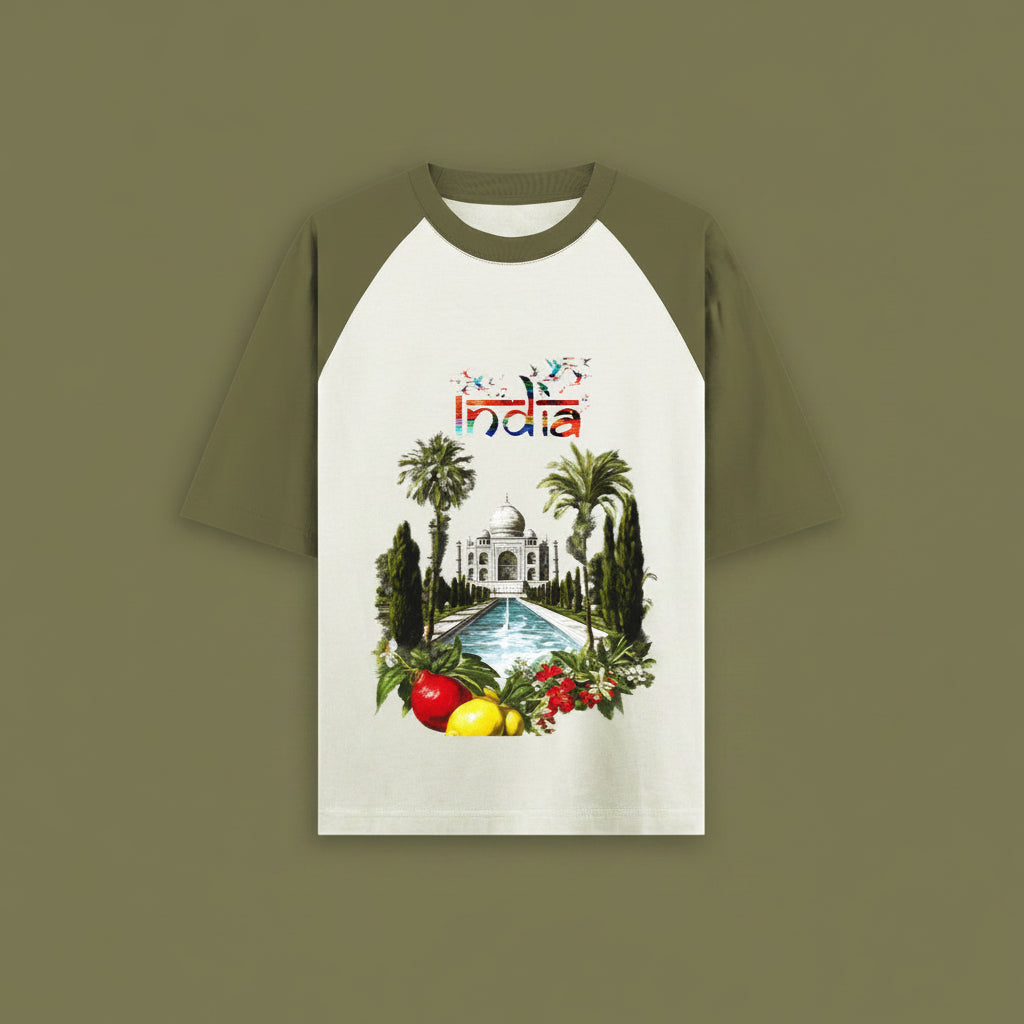 ZotRage oversized raglan t-shirt in olive green and off-white cotton featuring a Taj Mahal graphic print