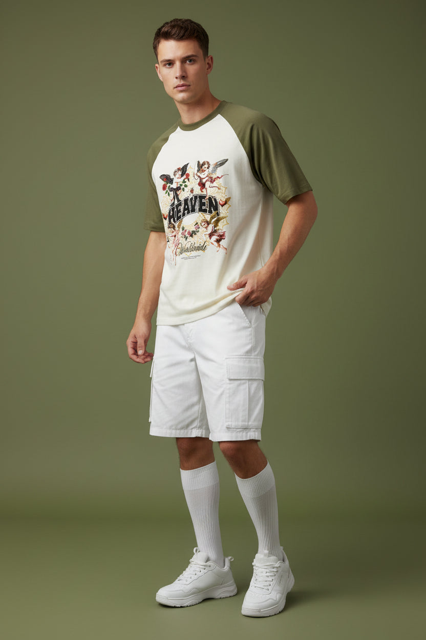 ZotRage olive green and off-white oversized raglan t-shirt with Heaven graphic print and cherub illustrations