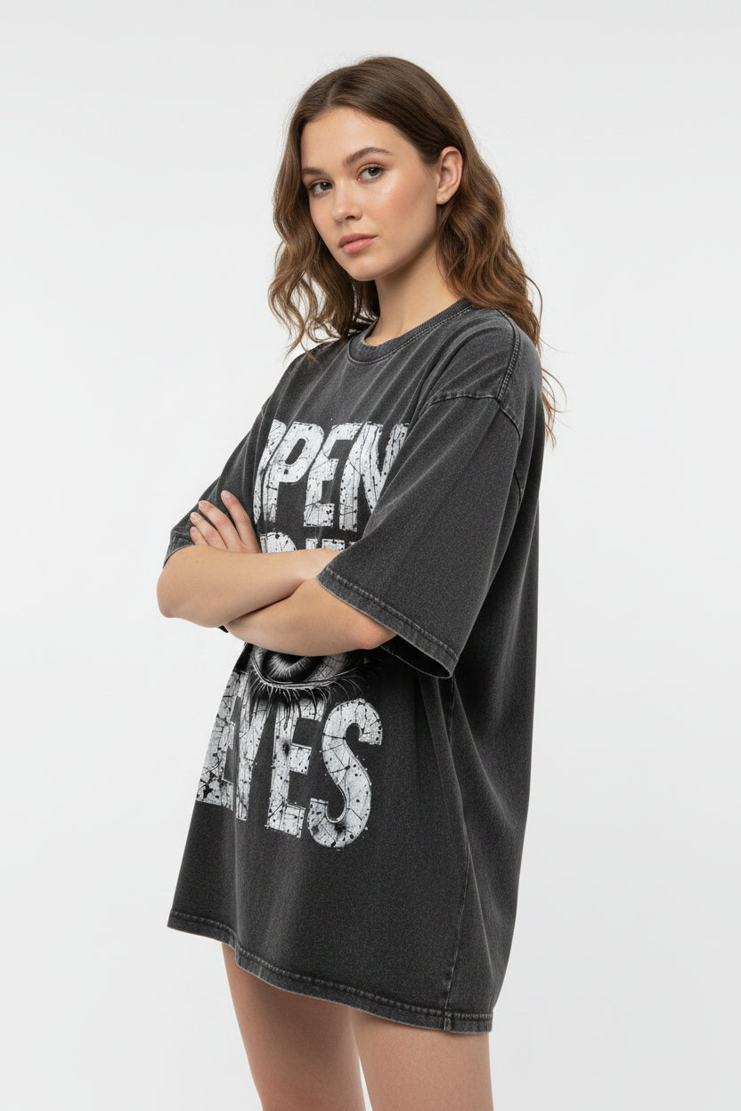 ZotRage oversized black cotton t-shirt with vintage fade wash and distressed Open Your Eyes graphic print
