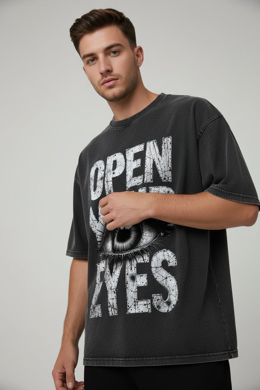 ZotRage oversized black t-shirt with vintage fade wash and distressed Open Your Eyes graphic print on the front.