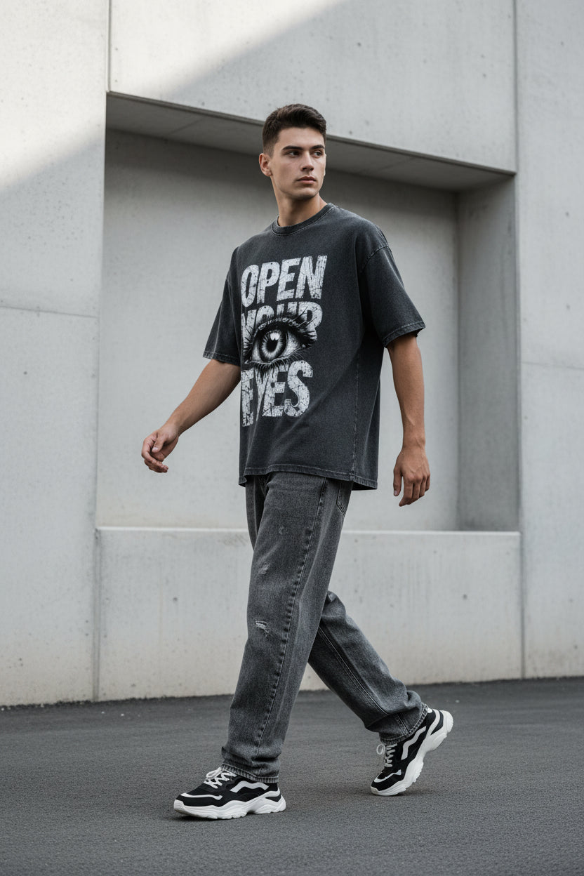 ZotRage oversized black cotton t-shirt with vintage fade wash and Open Your Eyes graphic print