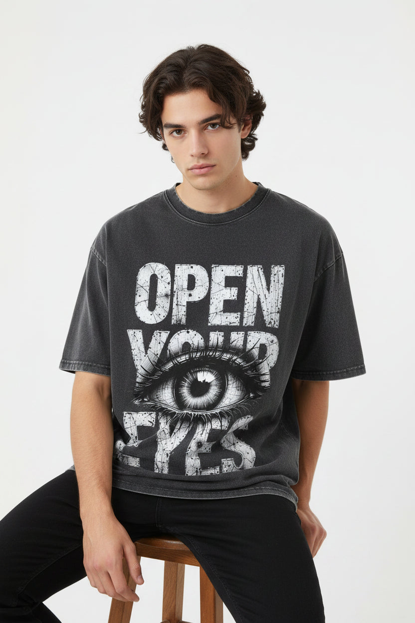 ZotRage oversized black cotton t-shirt featuring a distressed Open Your Eyes graphic print with a realistic eye design