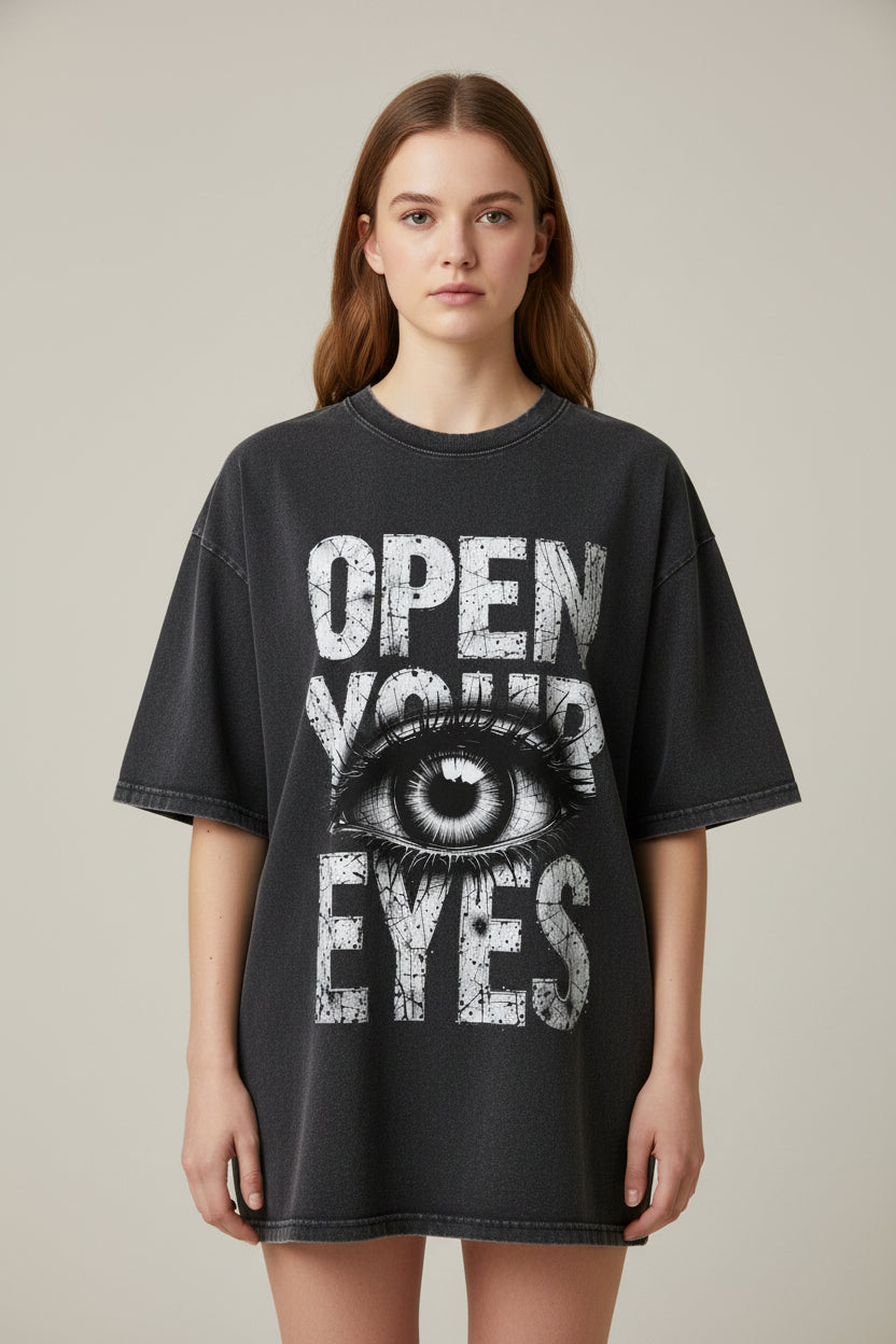 ZotRage oversized black cotton t-shirt with vintage fade wash and Open Your Eyes graphic print
