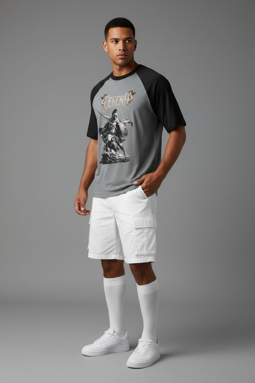 ZotRage oversized raglan t-shirt in black and charcoal melange cotton with a graphic warrior print on the front.