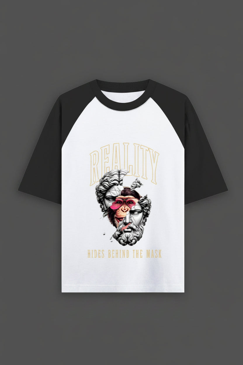 ZotRage oversized raglan t-shirt in white with black sleeves and a graphic print of a classical statue and monkey.