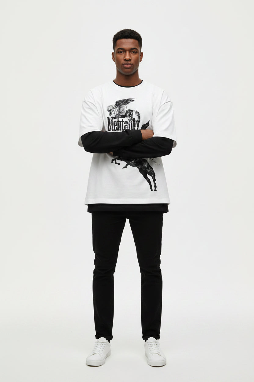 ZotRage oversized waffle-knit cotton tee in off-white with black long sleeves and Mentality graphic print