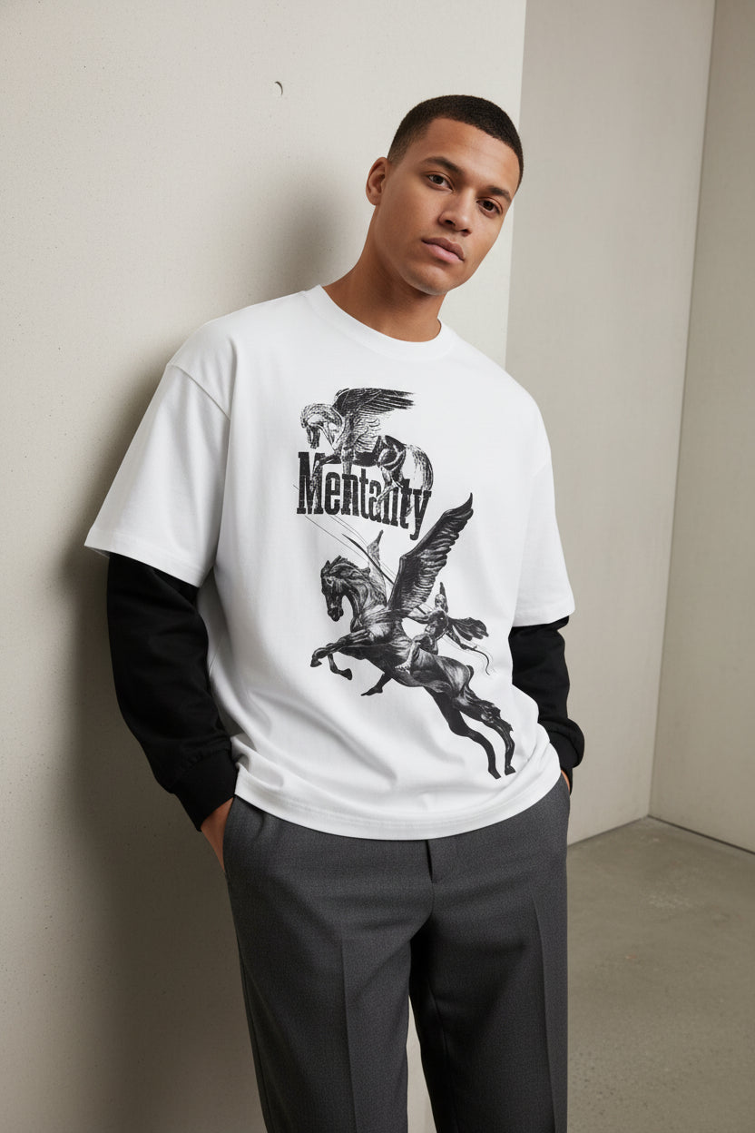 ZotRage oversized waffle-knit cotton tee in off-white with black long sleeves and Mentality pegasus graphic print.