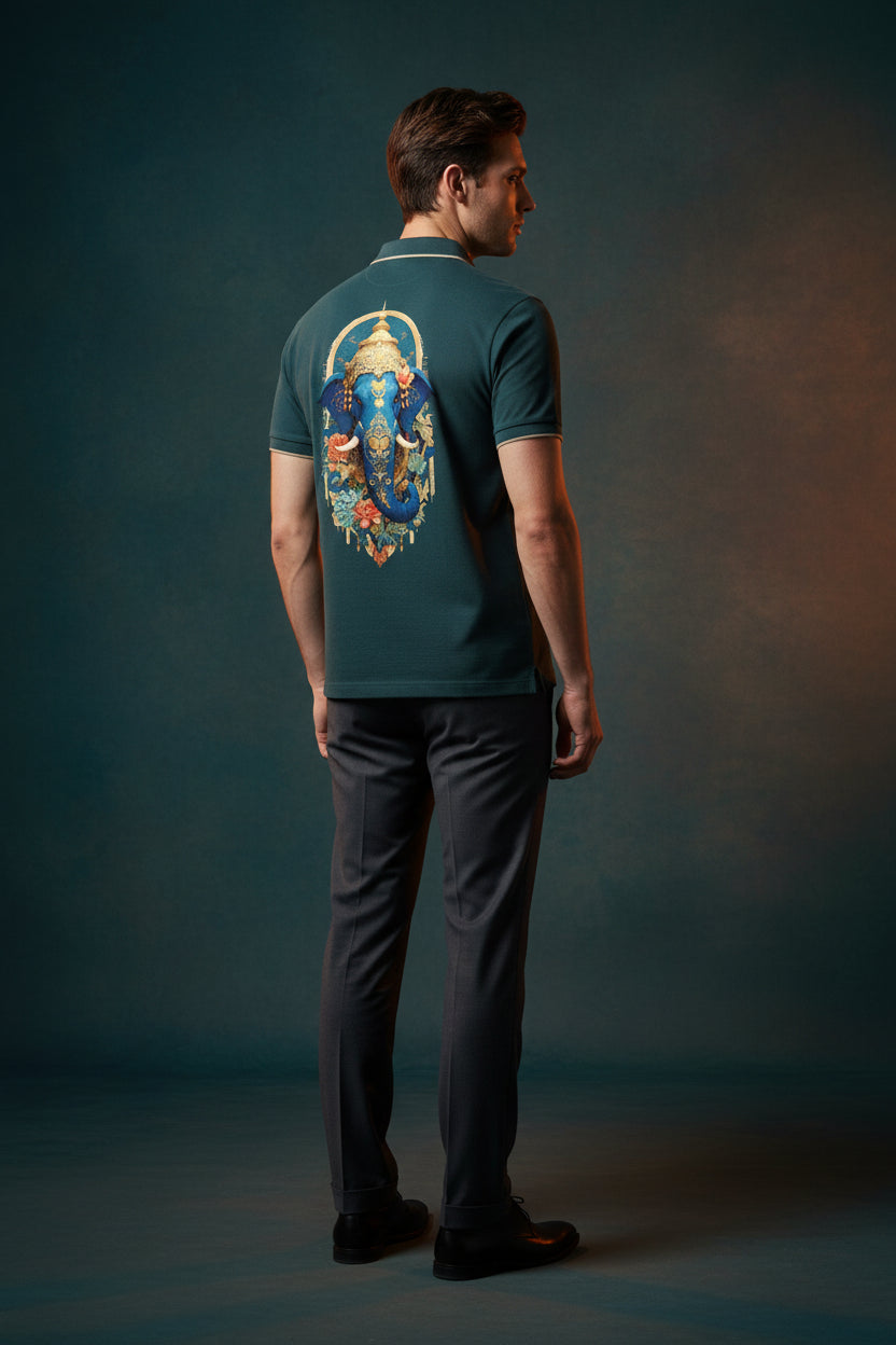 ZotRage petrol blue cotton polo shirt featuring a detailed Ganesha graphic print on the back with a textured finish.