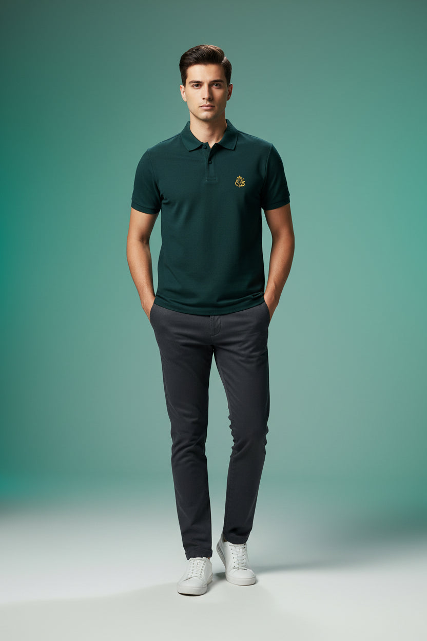ZotRage petrol blue cotton Airtex polo shirt with a gold Ganesha embroidery on the chest and a structured collar.