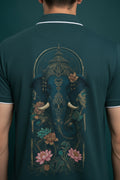 ZotRage petrol blue cotton polo shirt featuring a detailed Ganesha graphic print on the back with a textured finish.