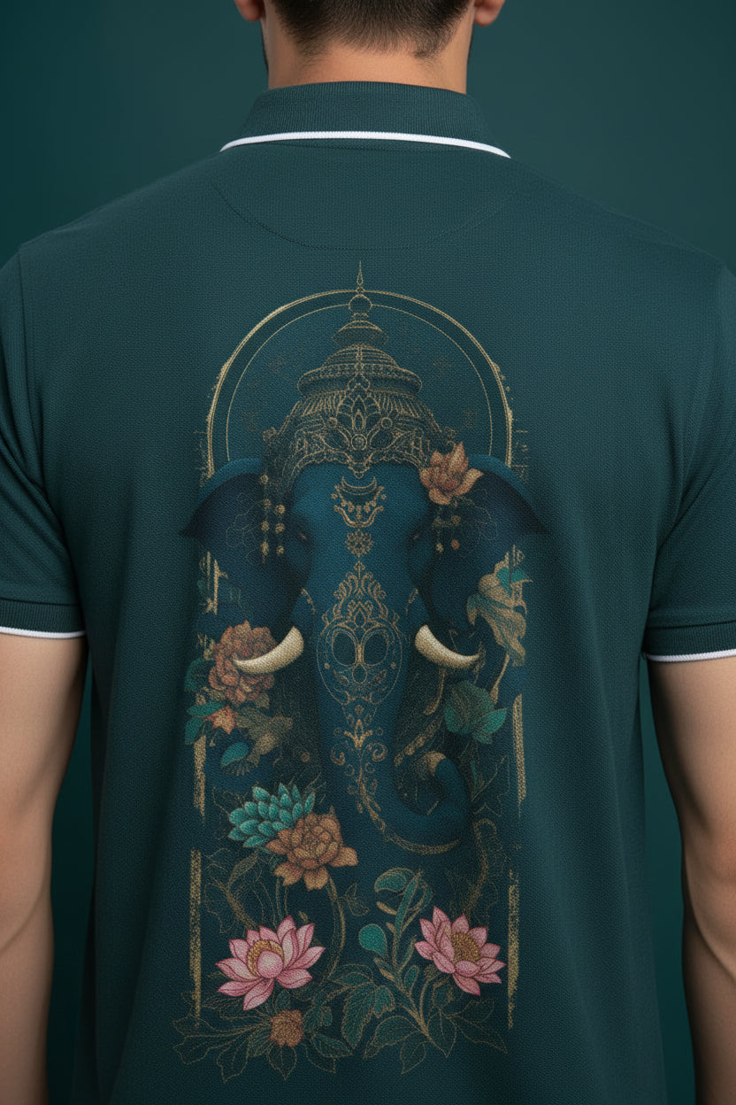 ZotRage petrol blue cotton polo shirt featuring a detailed Ganesha graphic print on the back with a textured finish.