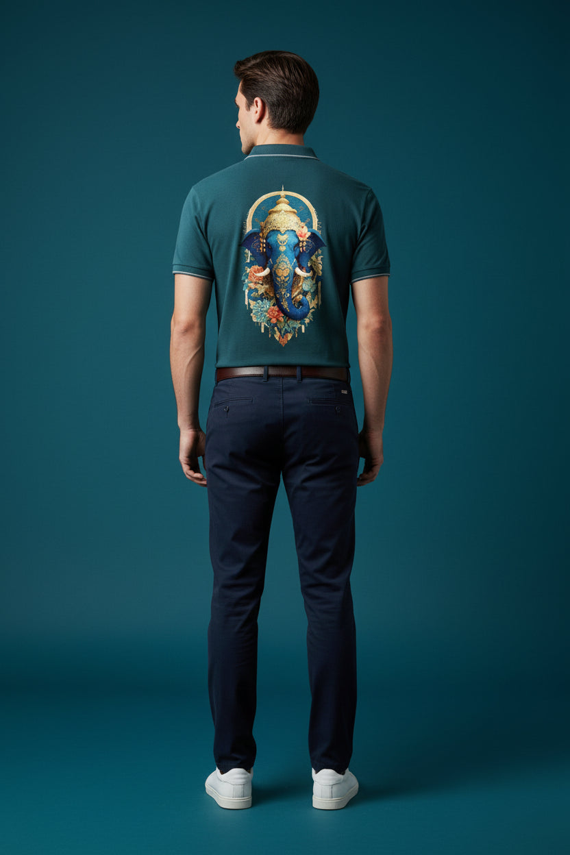 ZotRage petrol blue cotton polo shirt featuring a detailed Ganesha graphic print on the back with a textured finish.