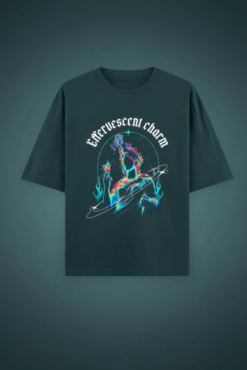 ZotRage petrol blue oversized cotton t-shirt featuring a graphic print of a classical statue with neon accents.