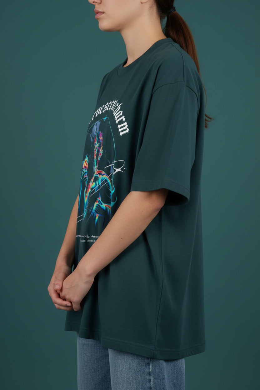 ZotRage petrol blue oversized cotton t-shirt featuring a graphic print of a statue with neon flame accents.