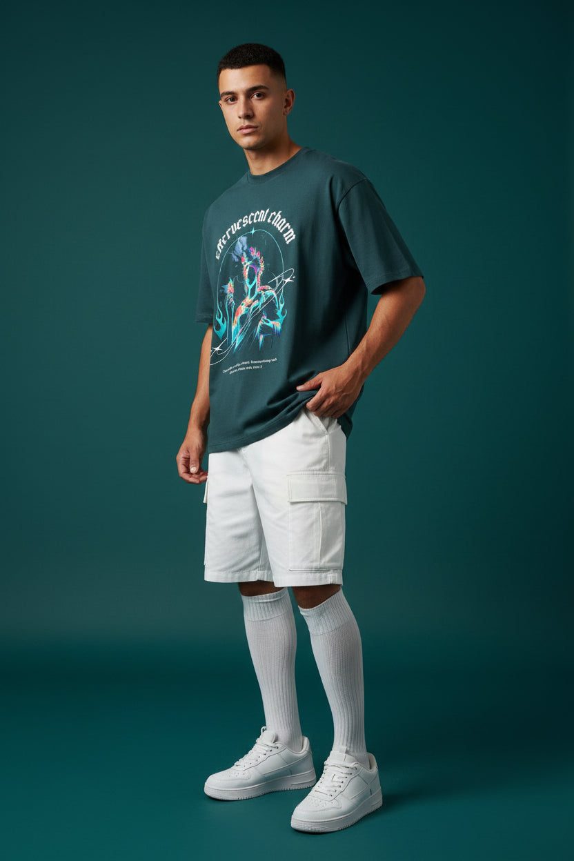 ZotRage petrol blue oversized cotton t-shirt featuring a graphic print of a classical statue with neon accents.