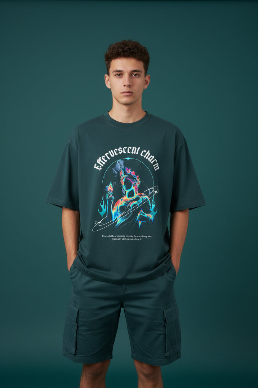 ZotRage petrol blue heavyweight cotton oversized t-shirt with a graphic print of a statue and neon lettering.