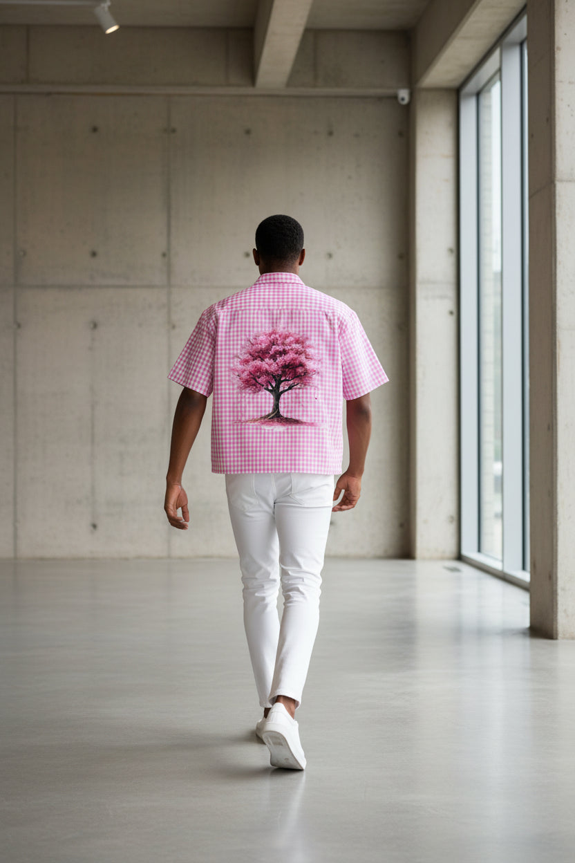 ZotRage pink and white gingham boxy shirt featuring a detailed cherry blossom tree print on the back