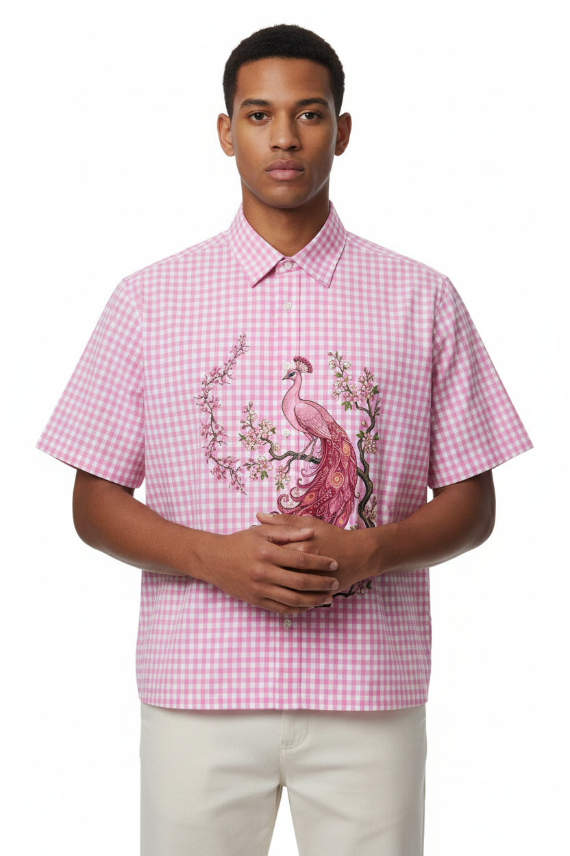 ZotRage pink and white gingham boxy shirt featuring a detailed peacock and cherry blossom graphic print