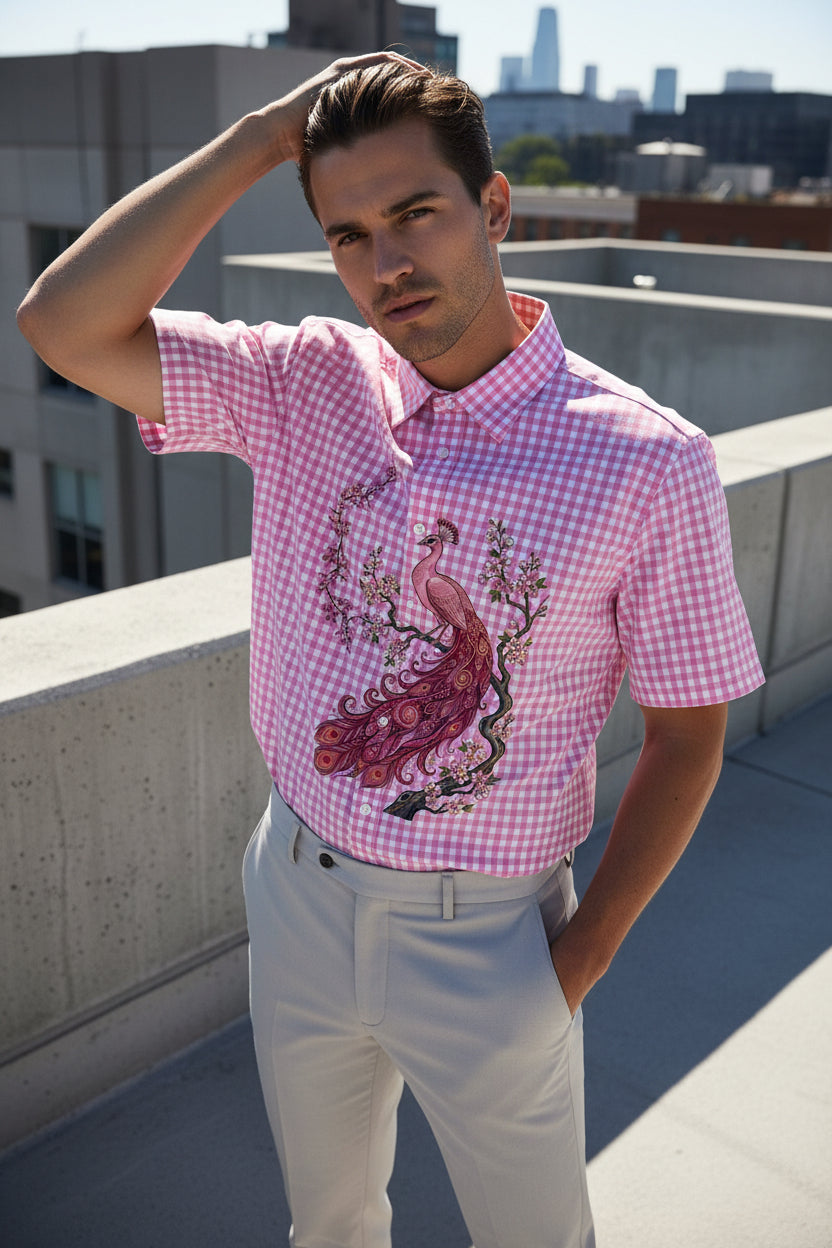 ZotRage pink and white gingham boxy shirt featuring a detailed peacock and cherry blossom graphic print