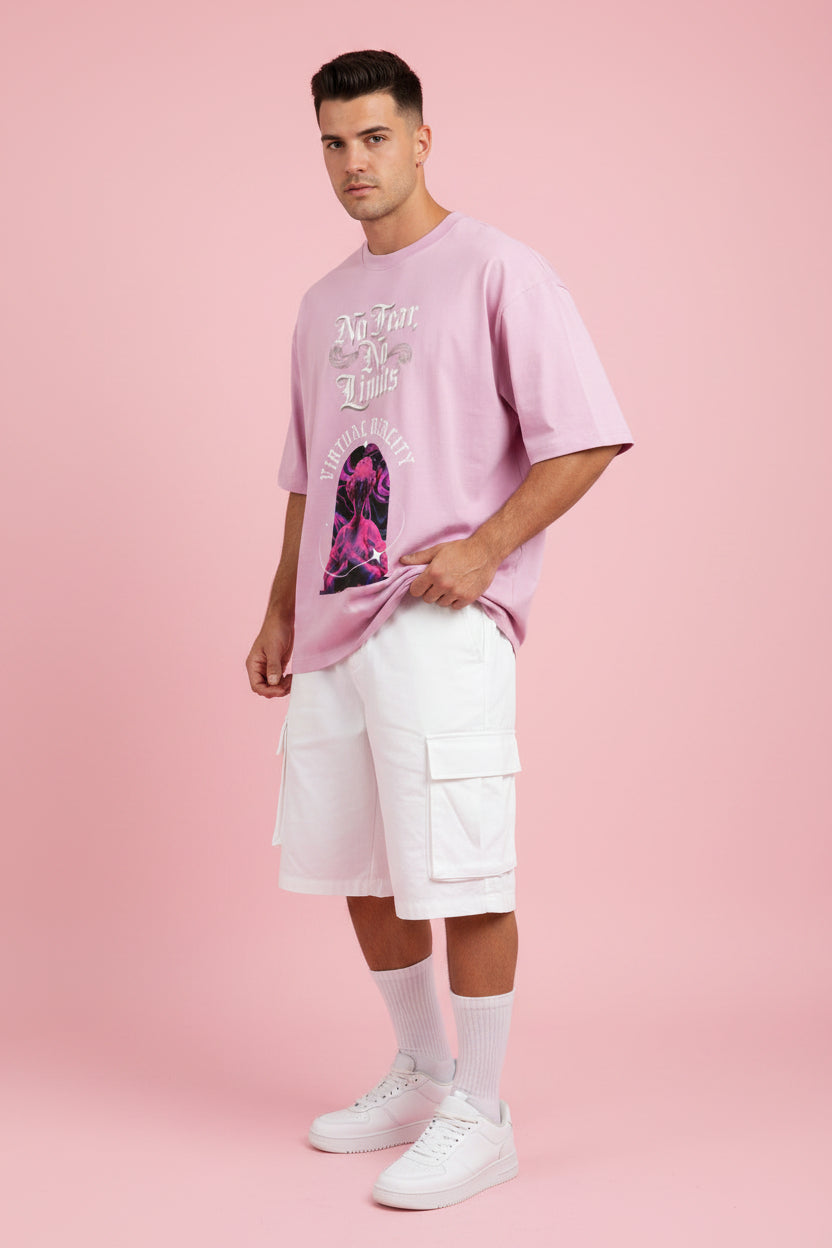 ZotRage light baby pink heavyweight cotton oversized t-shirt with No Fear No Limits graphic and statue print