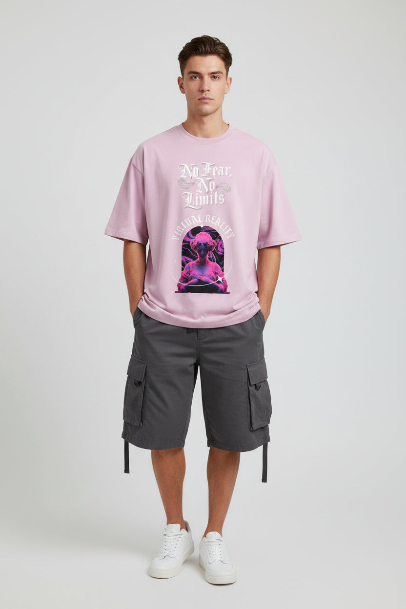 ZotRage baby pink heavyweight cotton oversized t-shirt with No Fear No Limits graphic and statue print