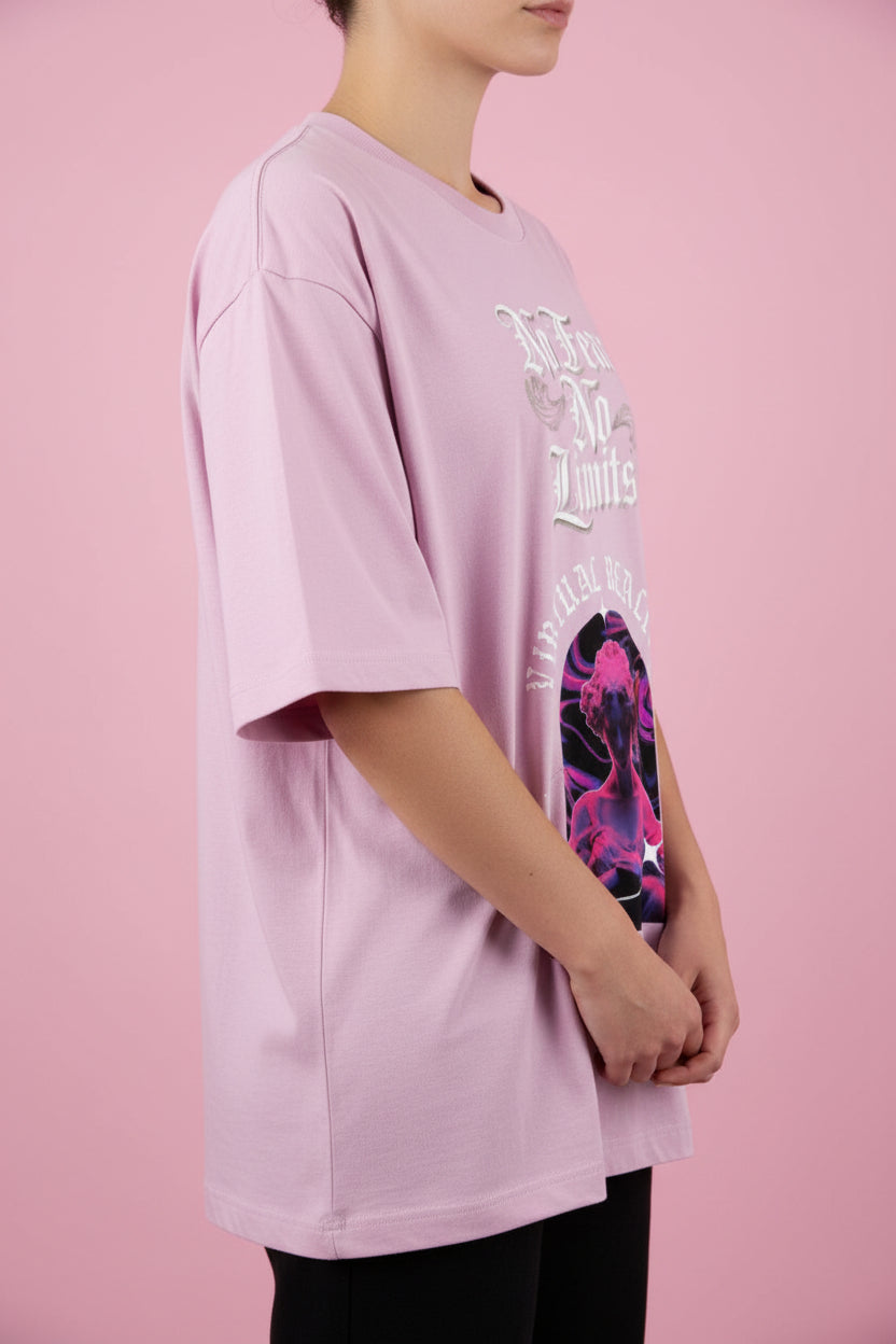 ZotRage baby pink heavyweight cotton oversized t-shirt with No Fear No Limits graphic print and statue design