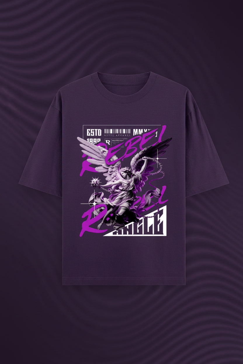 ZotRage purple heavyweight cotton oversized t-shirt featuring a graphic print of an angel with wings and text